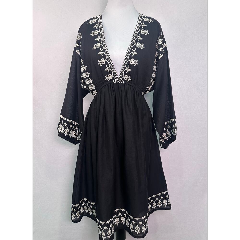 NWT Reistor Deep V Embroidered Dress Black Cream Boho Cotton Mini Dress Medium - Picture 2 of 11